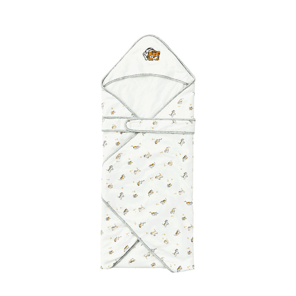 White cotton newborn baby swaddle wrap with lively tiger print and cozy protective hood — view 4