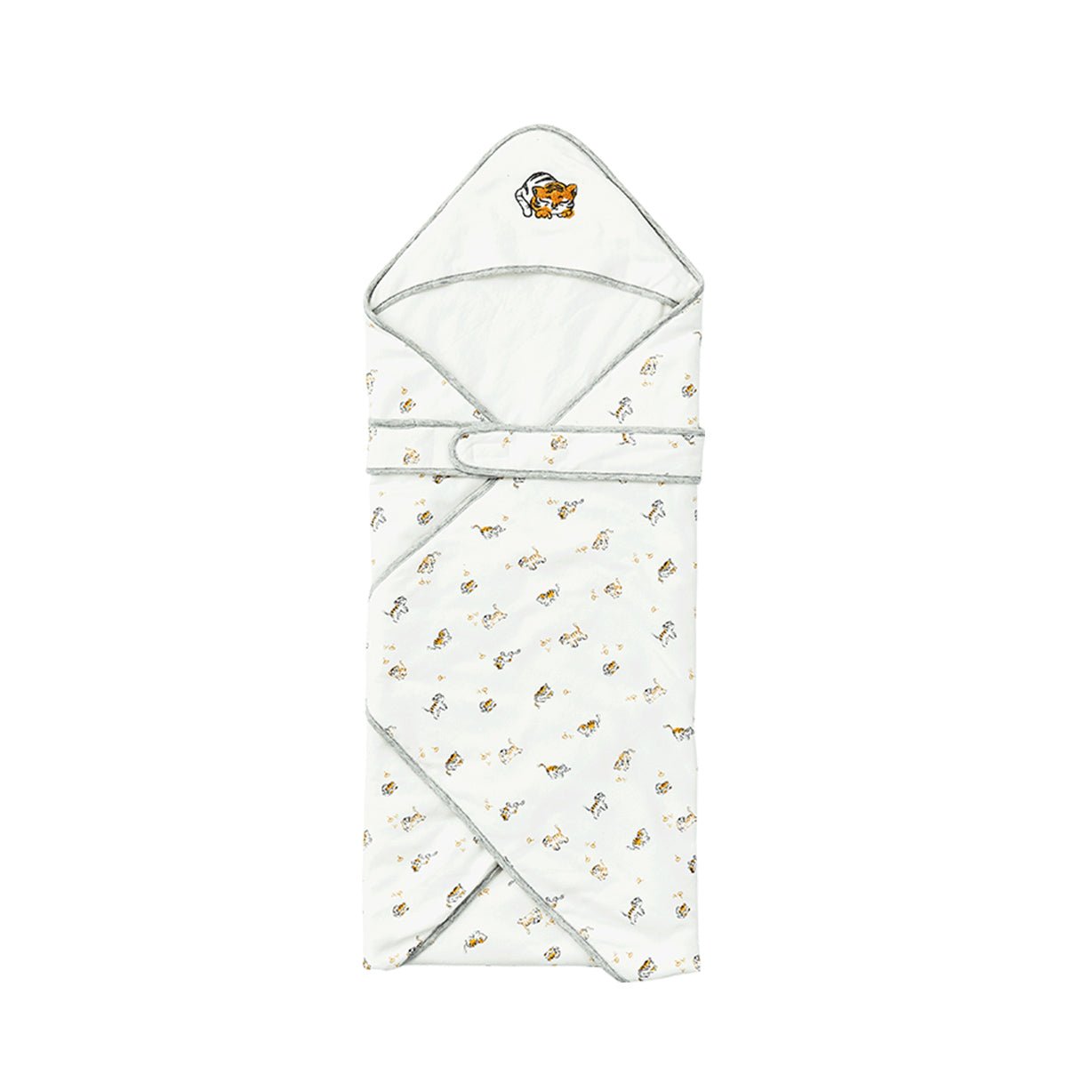 White cotton hooded baby swaddle wrap with delicate tiger embroidery and extra warm padding — view 4