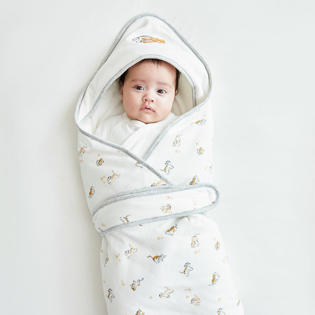 White cotton newborn baby swaddle wrap featuring a cute lively tiger print and hooded design — view 3