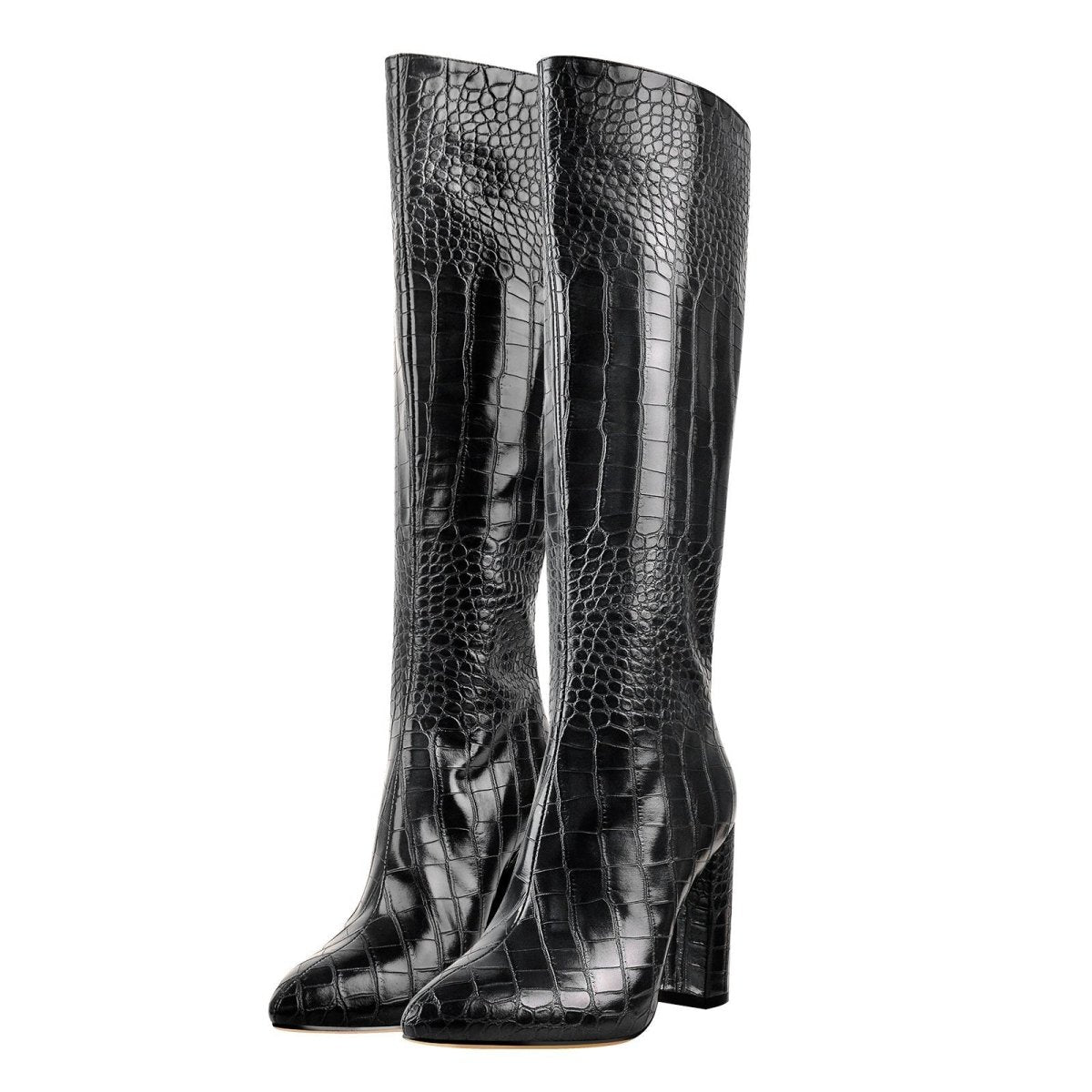 Black croc-embossed faux leather knee-high boots featuring a square toe and thick block heel. — view 2