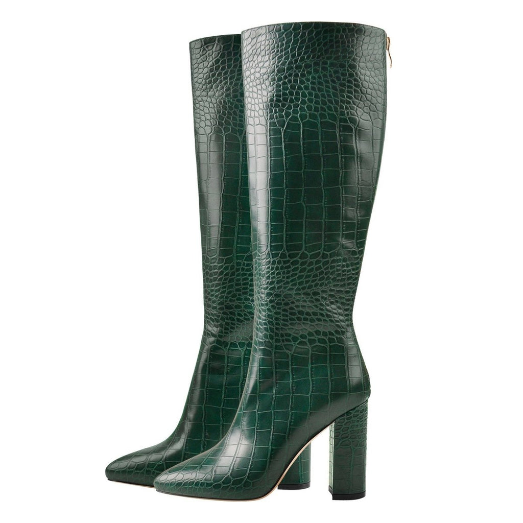 Black croc-embossed faux leather knee-high boots featuring a square toe and thick block heel. — view 5