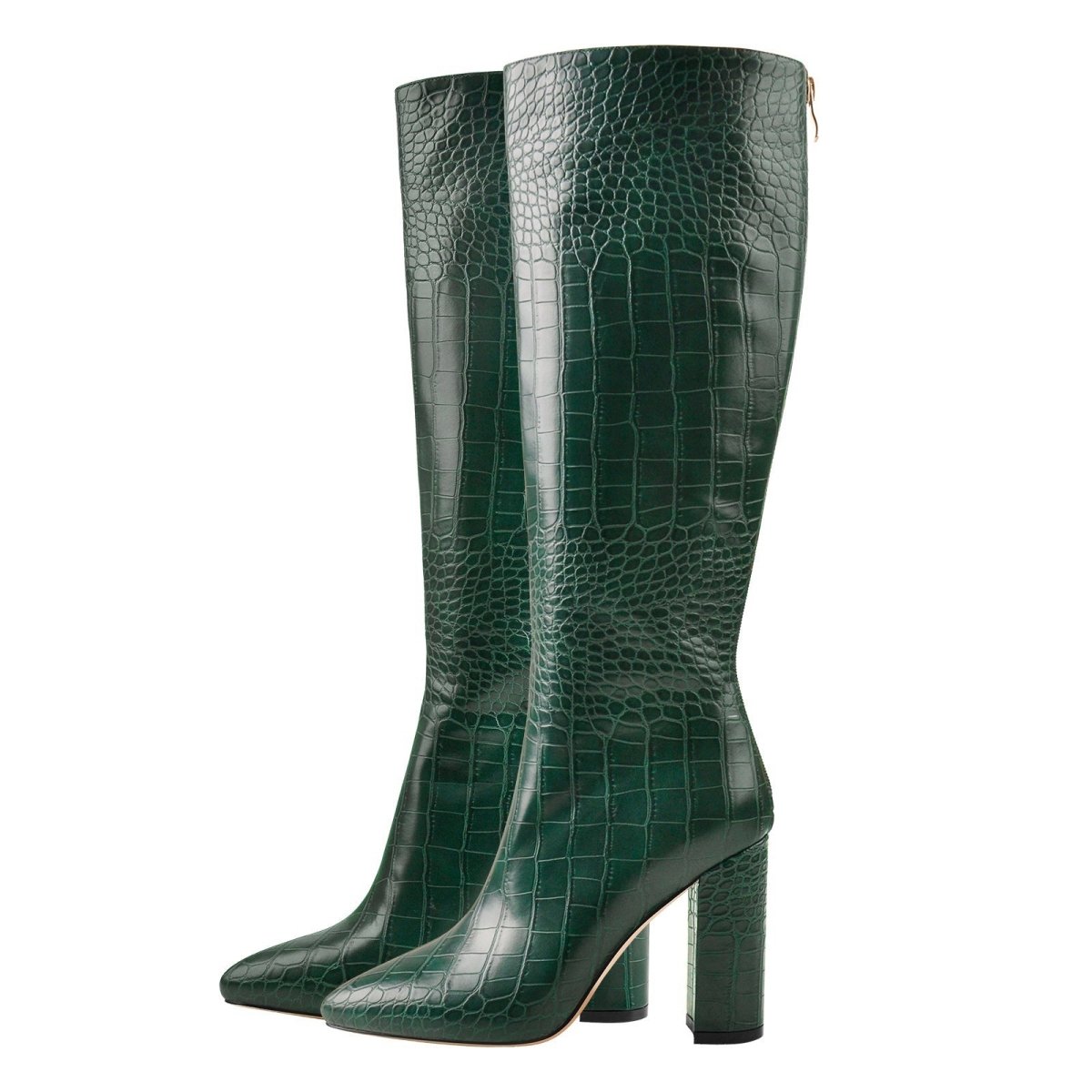 Black croc-embossed faux leather knee-high boots featuring a square toe and thick block heel. — view 5