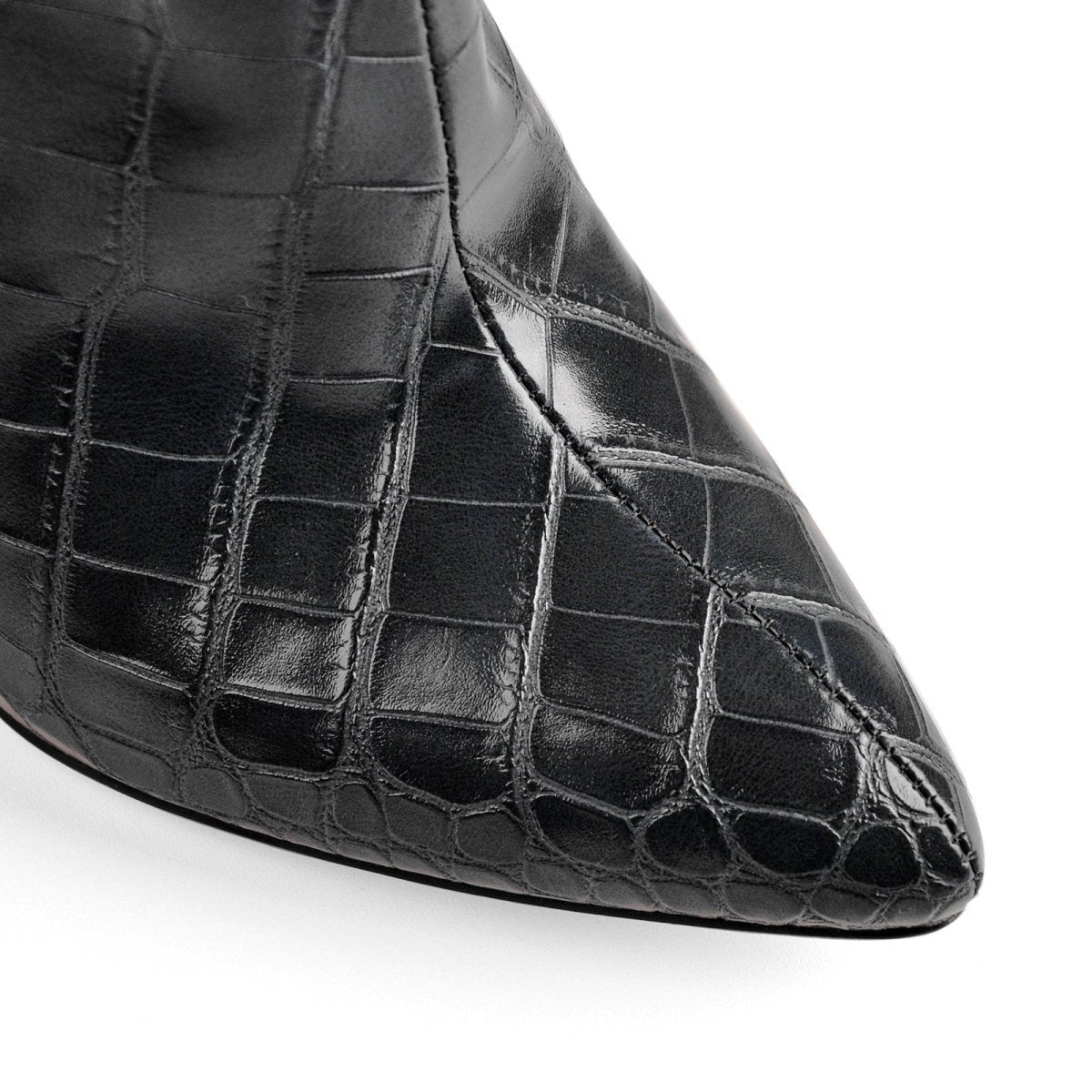Black croc-embossed faux leather knee-high boots featuring a square toe and thick block heel. — view 4