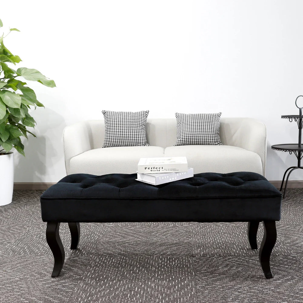 Navy blue Dutch velvet rectangle ottoman bench with sturdy wooden legs and plush comfortable cushioning — view 4