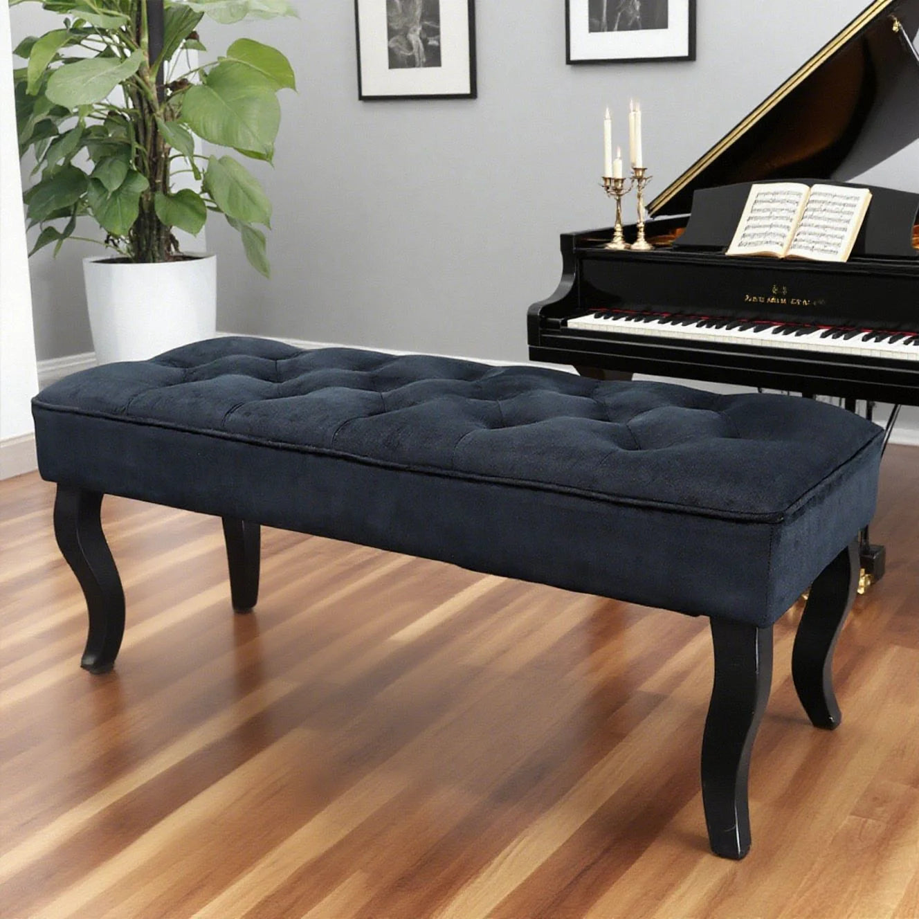 Navy blue Dutch velvet rectangle ottoman bench with sturdy wooden legs and plush comfortable cushioning — view 5