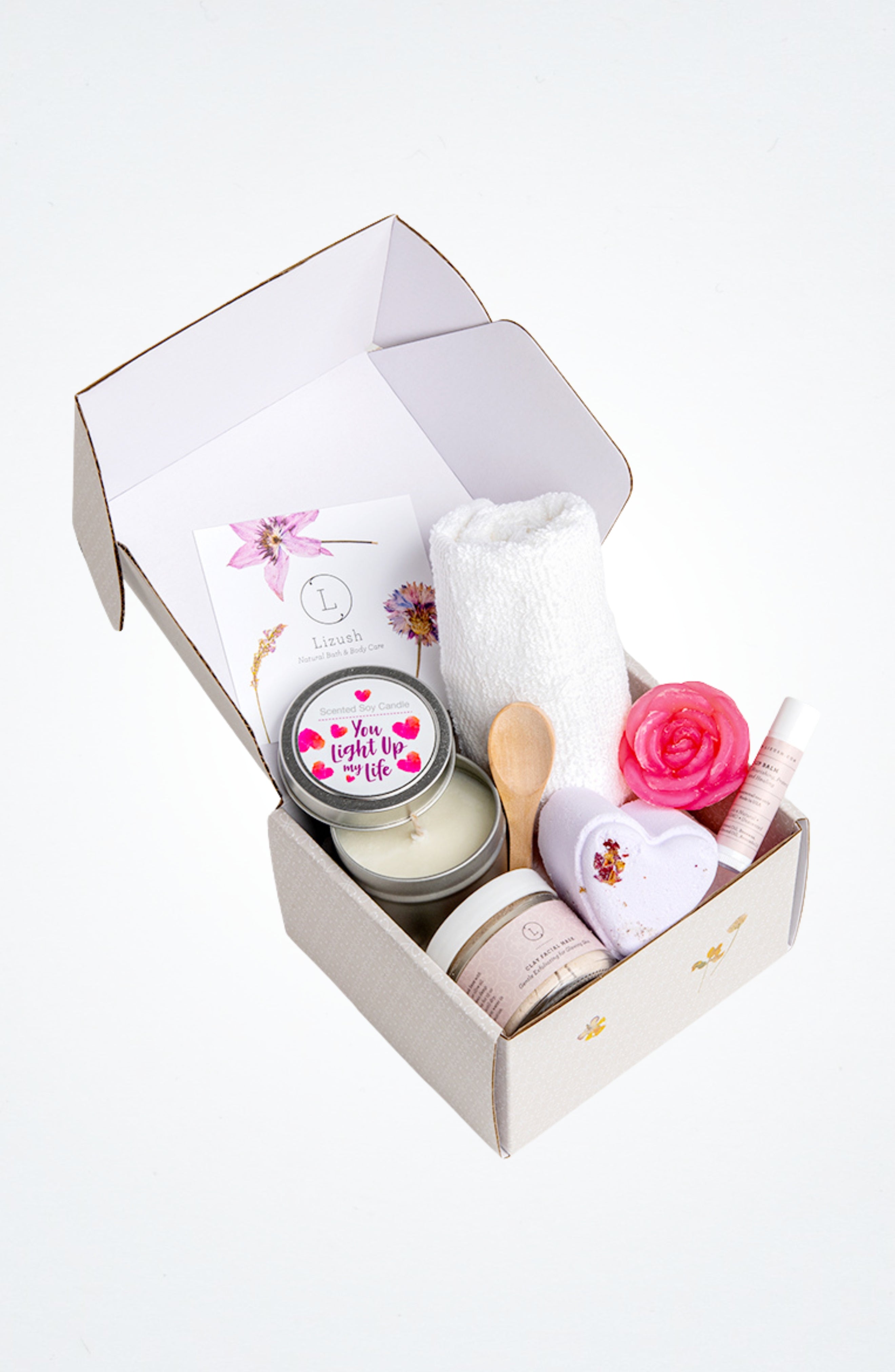 Natural lavender spa skincare gift box featuring soap, clay mask, lip balm, and soy candle — view 2