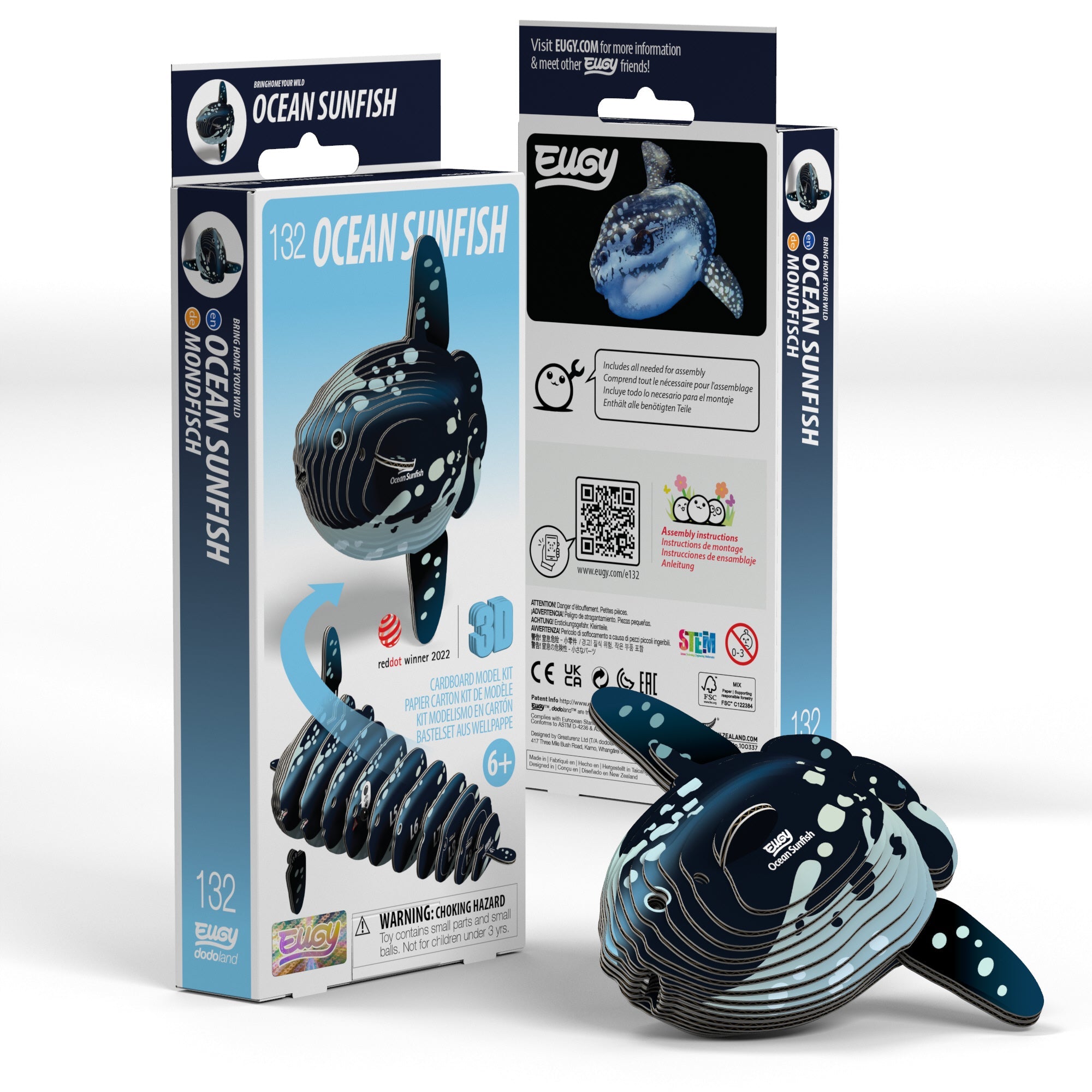 Ocean Sunfish 3D puzzle assembled showing tall fins and spotted pattern from eco-friendly cardboard — view 2