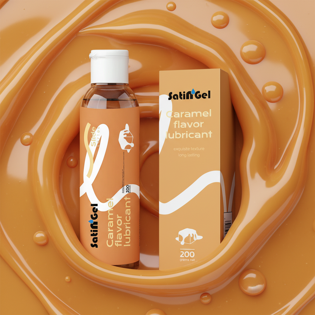 SatinGel caramel flavored water-based personal lubricant bottle for intimate couples play — view 2
