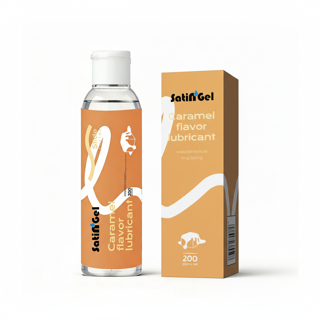 SatinGel caramel flavored water-based personal lubricant bottle for intimate couples play — view 3