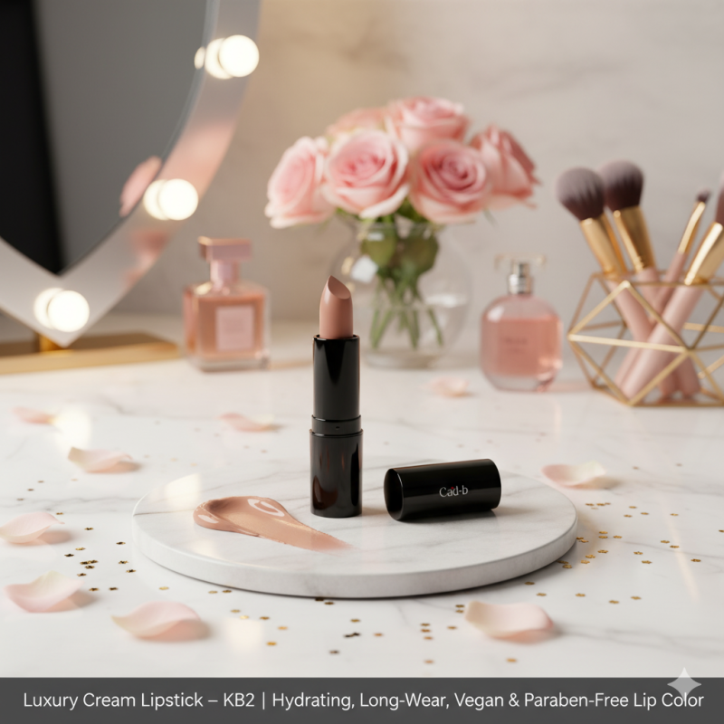 Naughty Nude hydrating vegan cream lipstick tube showing creamy neutral lip color and recyclable packaging. — view 2