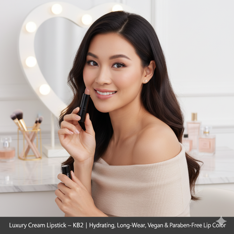 Naughty Nude hydrating vegan cream lipstick tube showing creamy neutral lip color and recyclable packaging.