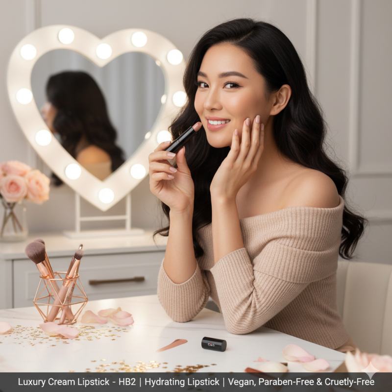 Hydrating next to nude luxury cream lipstick tube showing soft natural shade and sleek packaging.