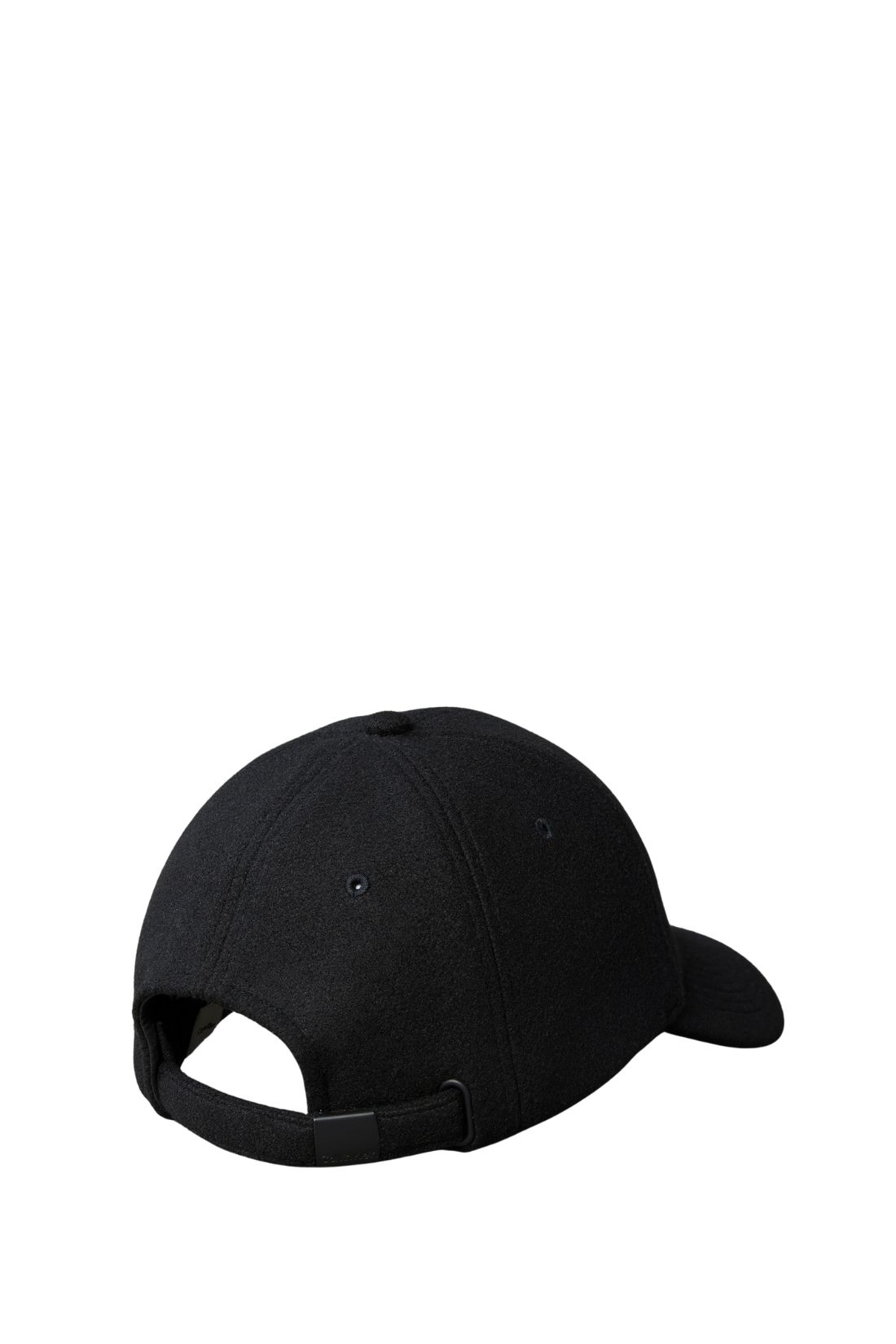 Black recycled polyester men's six-panel cap with a curved visor and front metallic monogram plaque — view 5