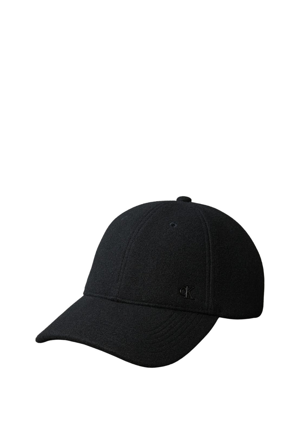 Black recycled polyester men's six-panel cap with a curved visor and front metallic monogram plaque