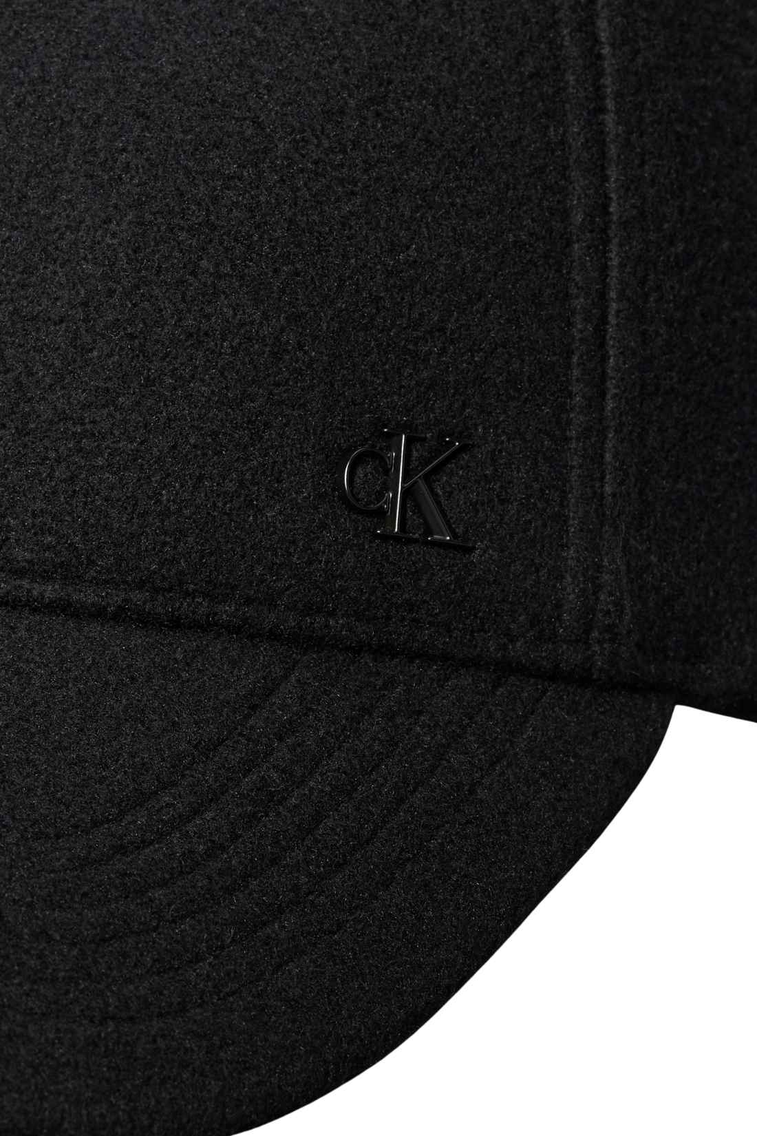 Black recycled polyester men's six-panel cap with a curved visor and front metallic monogram plaque — view 3