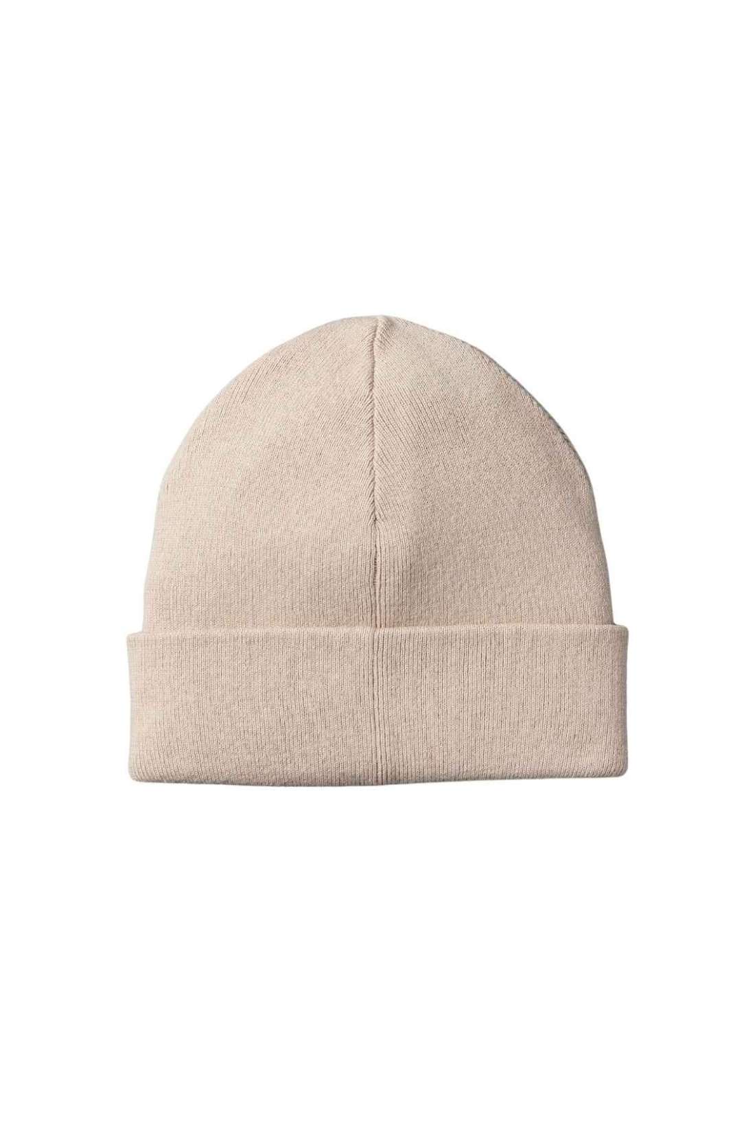 Men's beige knitted beanie hat with fold-over cuff and embroidered monogram logo on the front — view 2