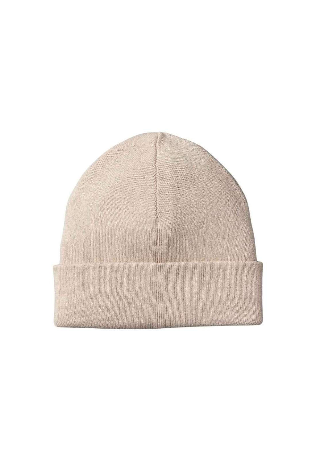 Men's beige knitted beanie hat with fold-over cuff and embroidered monogram logo on the front — view 5