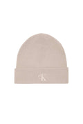 Men's beige knitted beanie hat with fold-over cuff and embroidered monogram logo on the front