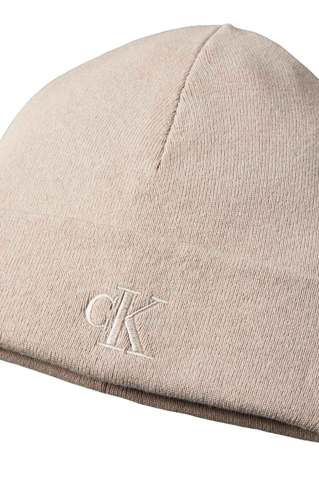 Men's beige knitted beanie hat with fold-over cuff and embroidered monogram logo on the front — view 3