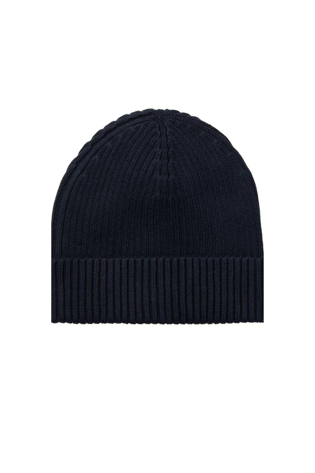 Men's black ribbed knit Calvin Klein beanie with a front logo patch and folded cuff — view 2