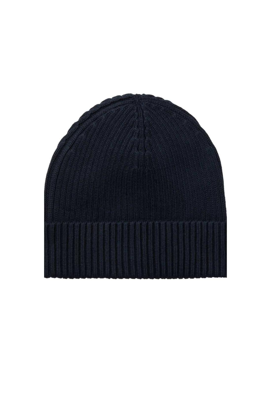 Men's black ribbed knit Calvin Klein beanie with a front logo patch and folded cuff — view 2
