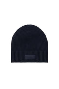 Men's black ribbed knit Calvin Klein beanie with a front logo patch and folded cuff