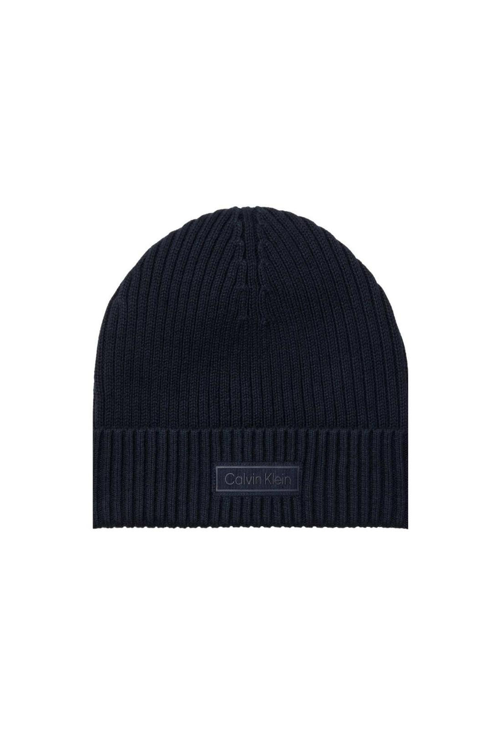 Men's black ribbed knit Calvin Klein beanie with a front logo patch and folded cuff — view 4