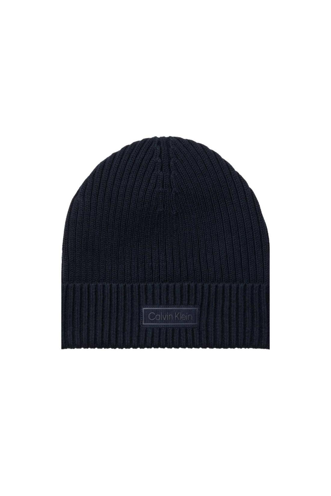 Men's black ribbed knit Calvin Klein beanie with a front logo patch and folded cuff — view 4