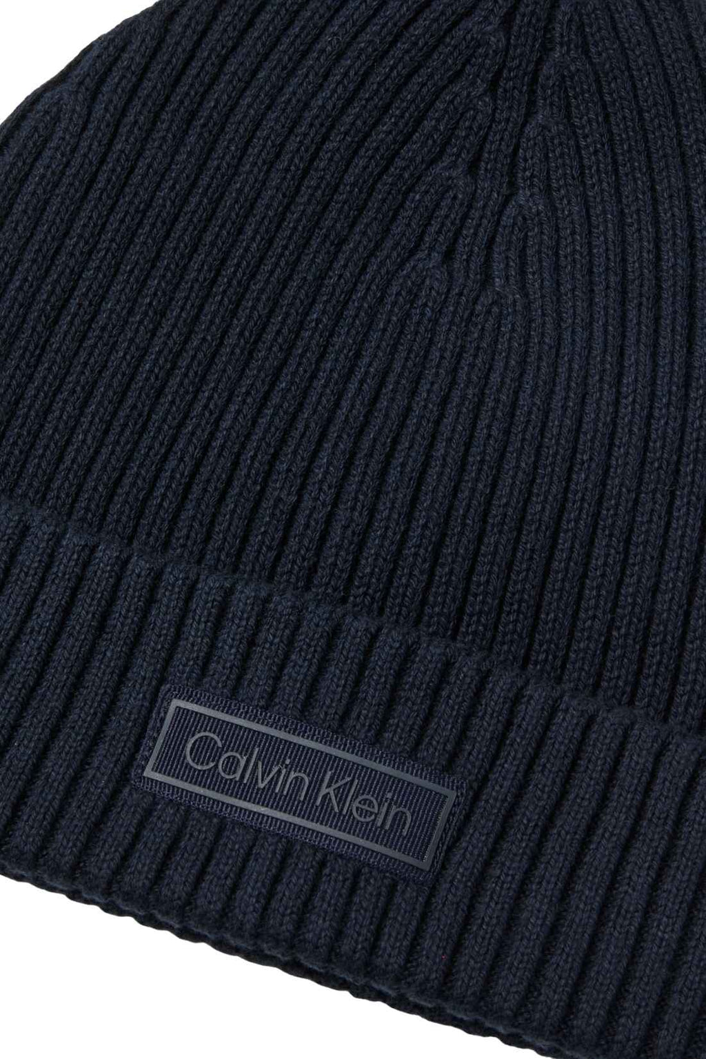 Men's black ribbed knit Calvin Klein beanie with a front logo patch and folded cuff — view 6