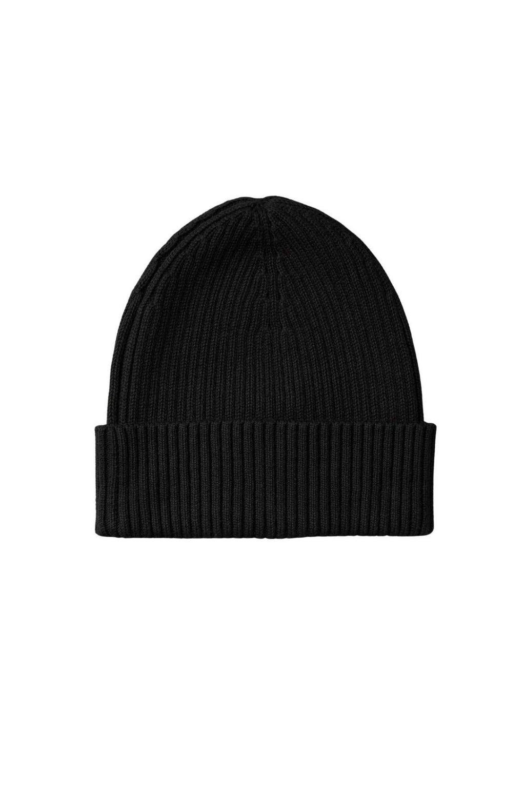 Men's black ribbed knit Calvin Klein beanie with a front logo patch and folded cuff — view 8