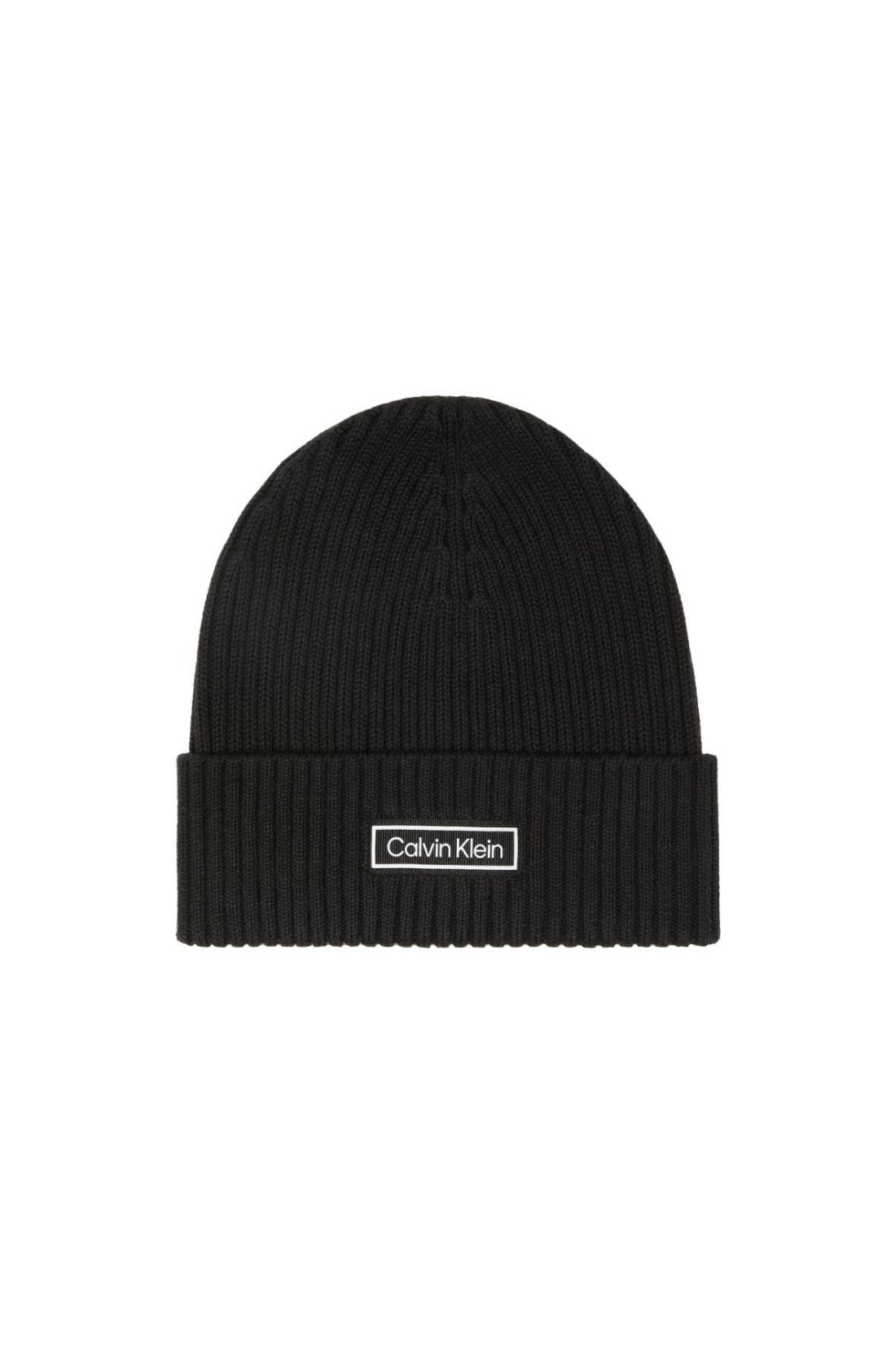 Men's black ribbed knit Calvin Klein beanie with a front logo patch and folded cuff — view 7