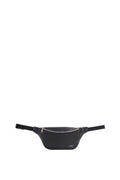Men's black faux-leather bum bag with adjustable strap and embossed designer logo on the front