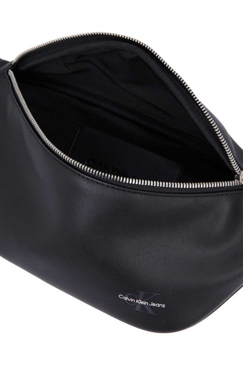 Men's black faux-leather bum bag with adjustable strap and embossed designer logo on the front — view 10