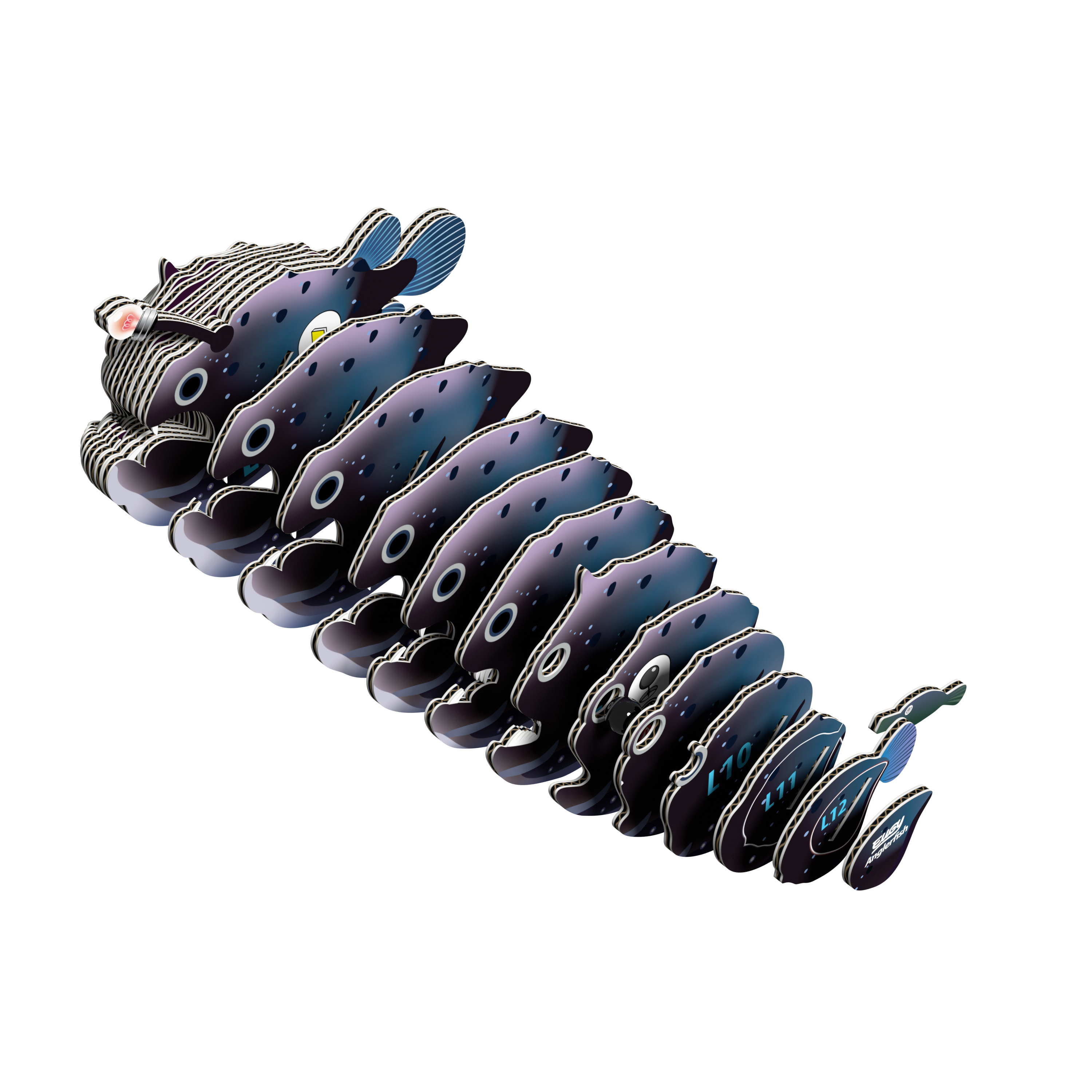 Completed eco-friendly EUGY Anglerfish 3D cardboard puzzle with bioluminescent lure and tiny parasitic male companion. — view 2