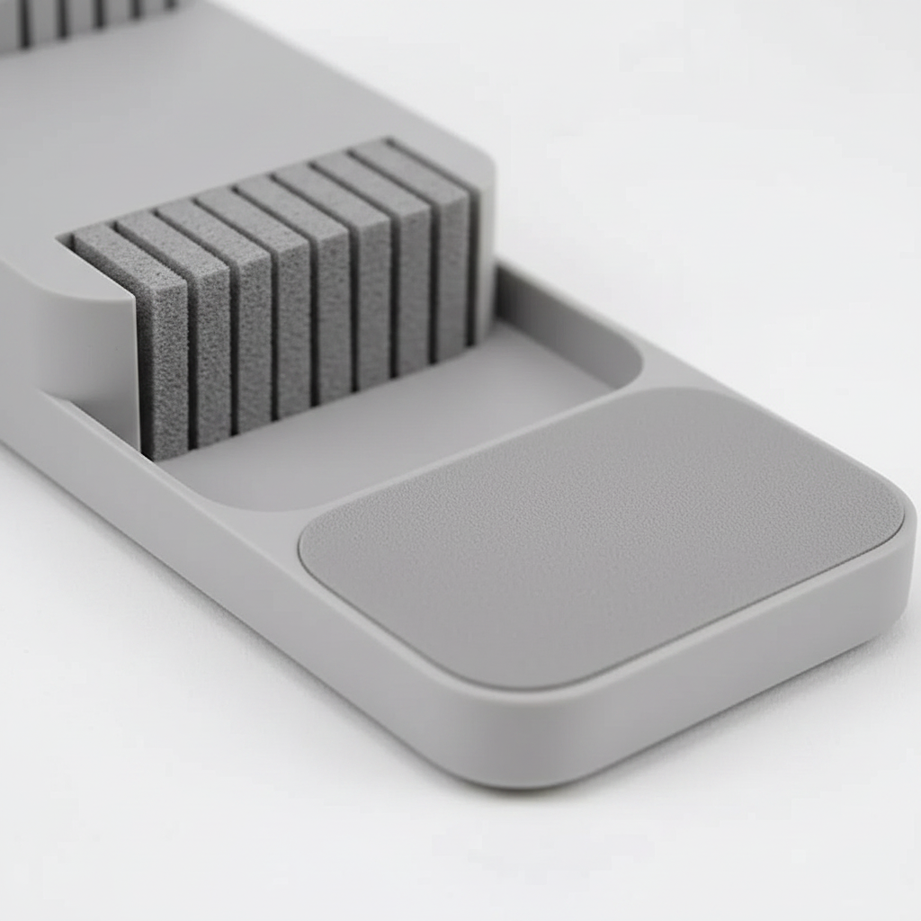In-drawer knife storage box holding various kitchen knives and cutlery in a modern grey design — view 4