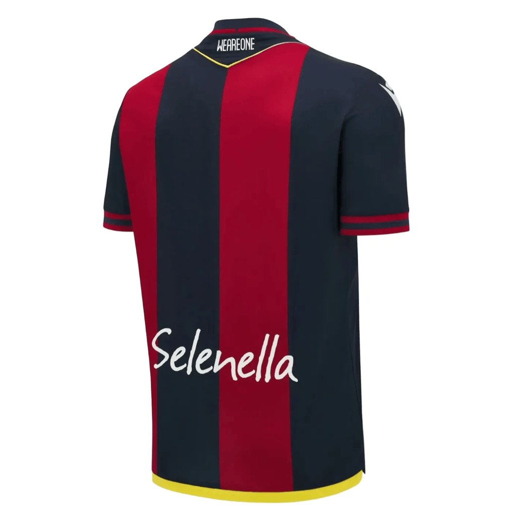 Bologna FC 2024/2025 home soccer jersey in classic red and blue stripes by Macron — view 2