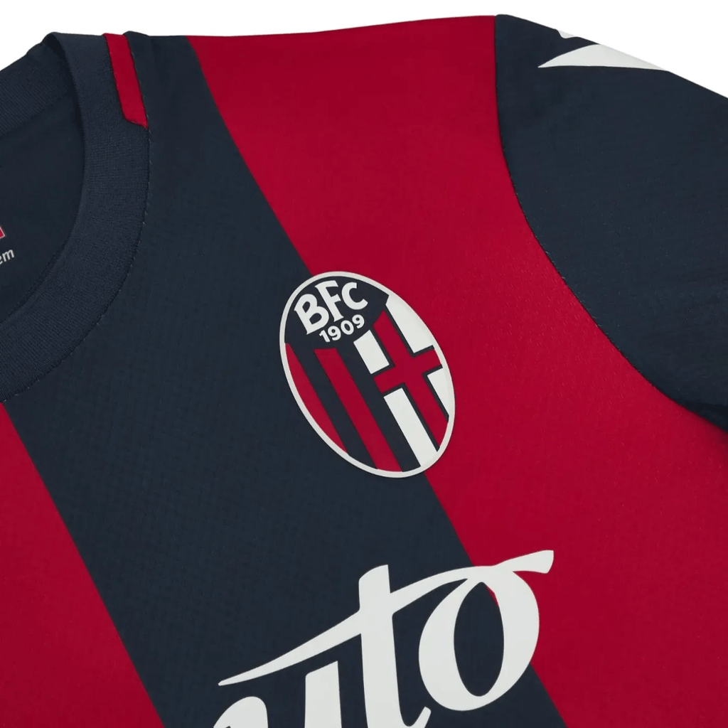 Bologna FC 2024/2025 home soccer jersey in classic red and blue stripes by Macron — view 3
