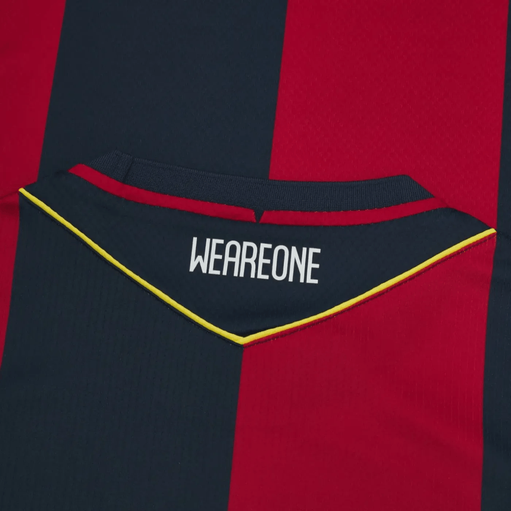 Bologna FC 2024/2025 home soccer jersey in classic red and blue stripes by Macron — view 4
