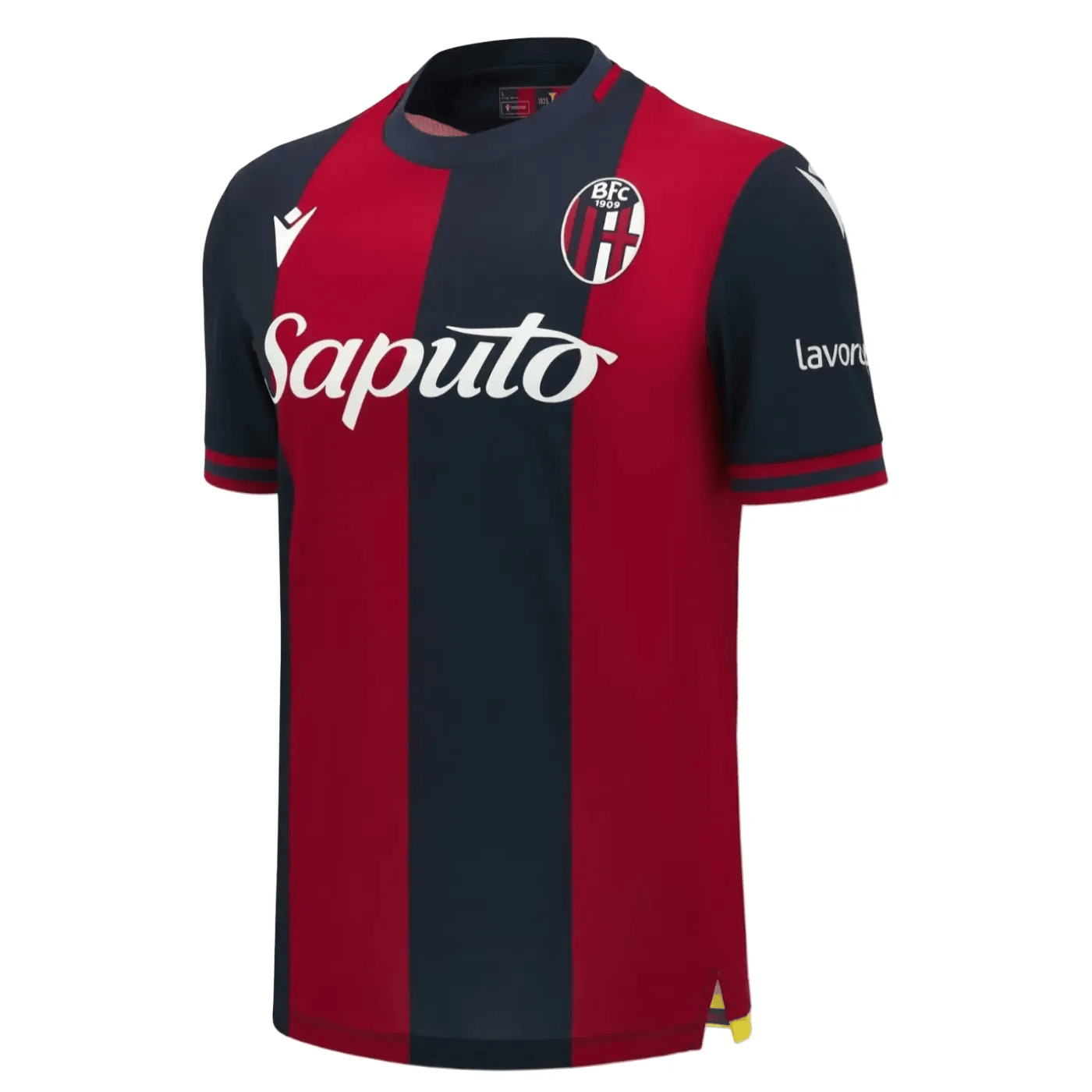 Bologna FC 2024/2025 home soccer jersey in classic red and blue stripes by Macron