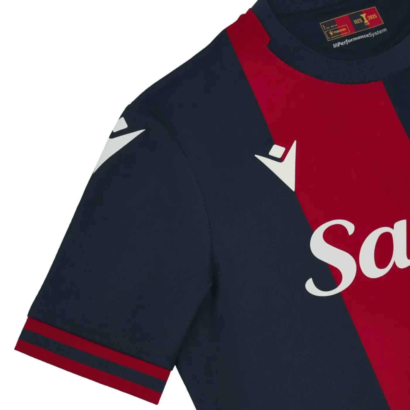 Bologna FC 2024/2025 home soccer jersey in classic red and blue stripes by Macron — view 5