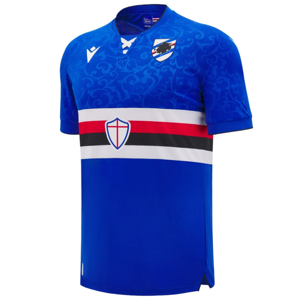 Official UC Sampdoria home soccer jersey featuring the classic blue colorway with central horizontal stripes.