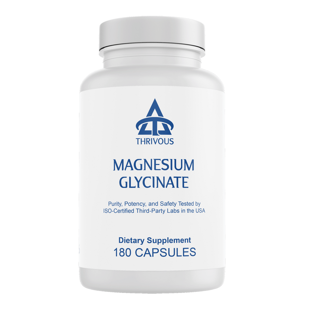 Magnesium glycinate dietary supplement bottle containing 180 premium capsules for daily health and wellness support.