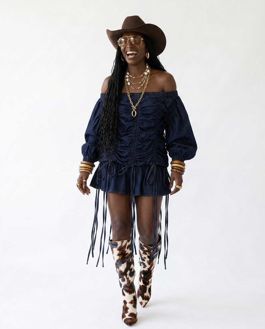 Brave Ruched Denim Mini Dress-0