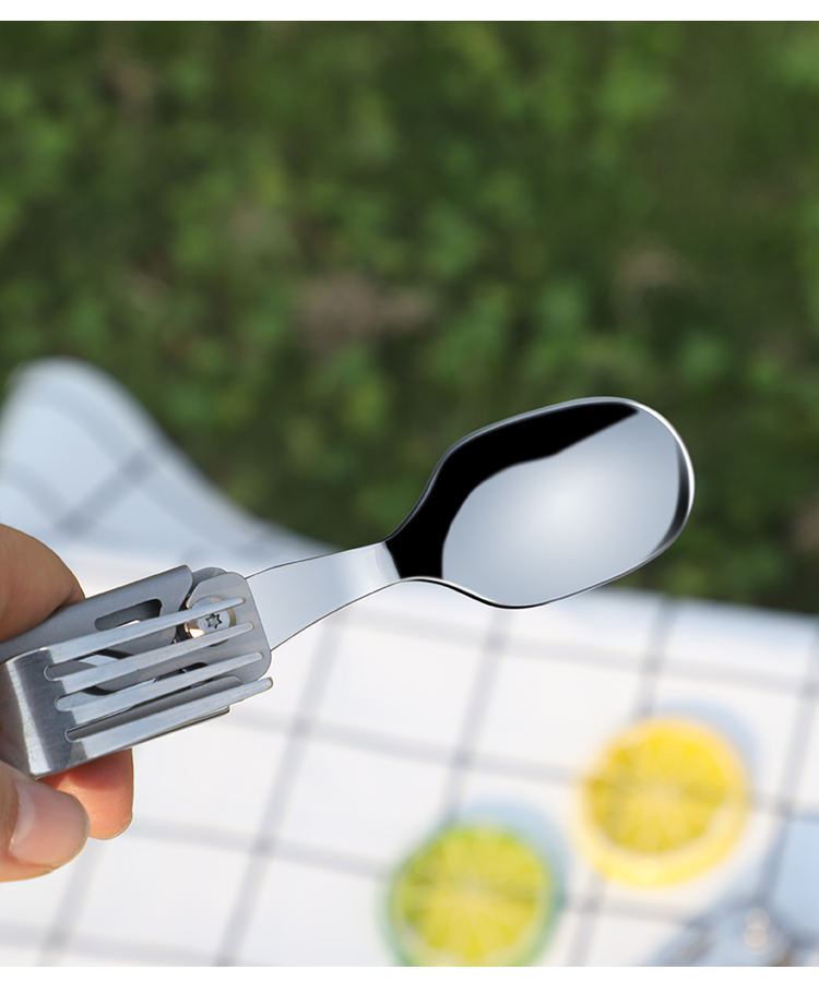 Stainless steel folding camping cutlery multitool featuring a built-in spoon, fork, knife, and corkscrew. — view 5