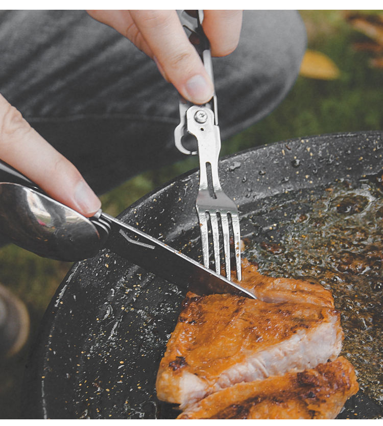 Stainless steel folding camping cutlery multitool featuring a built-in spoon, fork, knife, and corkscrew. — view 3