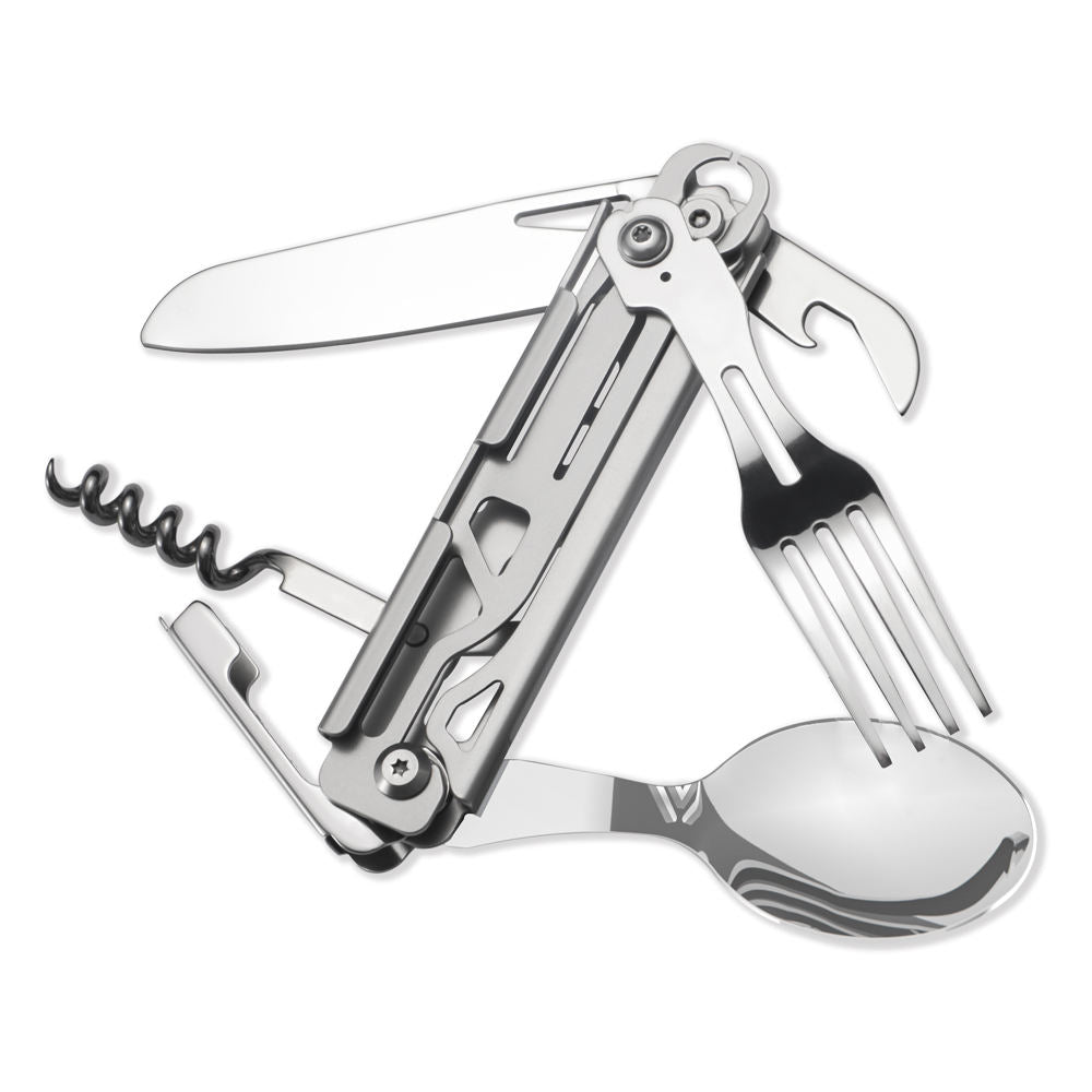 Stainless steel folding camping cutlery multitool featuring a built-in spoon, fork, knife, and corkscrew. — view 2