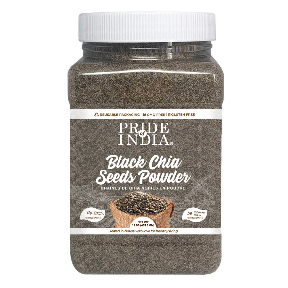 Cold milled raw chia ground superfood powder in a clear pantry storage jar