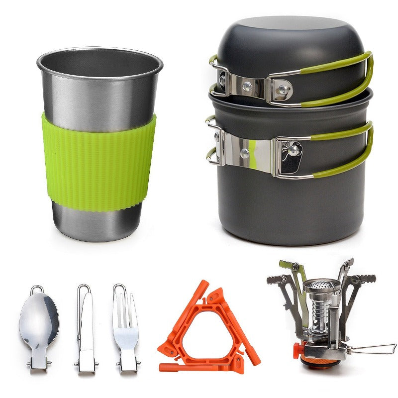 Lightweight camping cookware mess kit with mini stove, stackable pots, and stainless steel cup