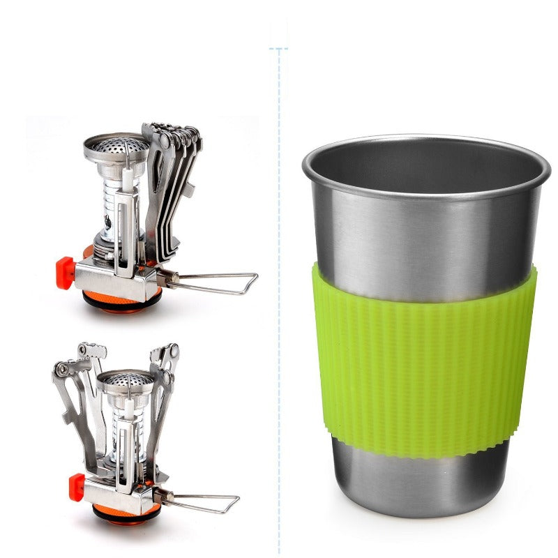 Lightweight camping cookware mess kit with mini stove, stackable pots, and stainless steel cup — view 5