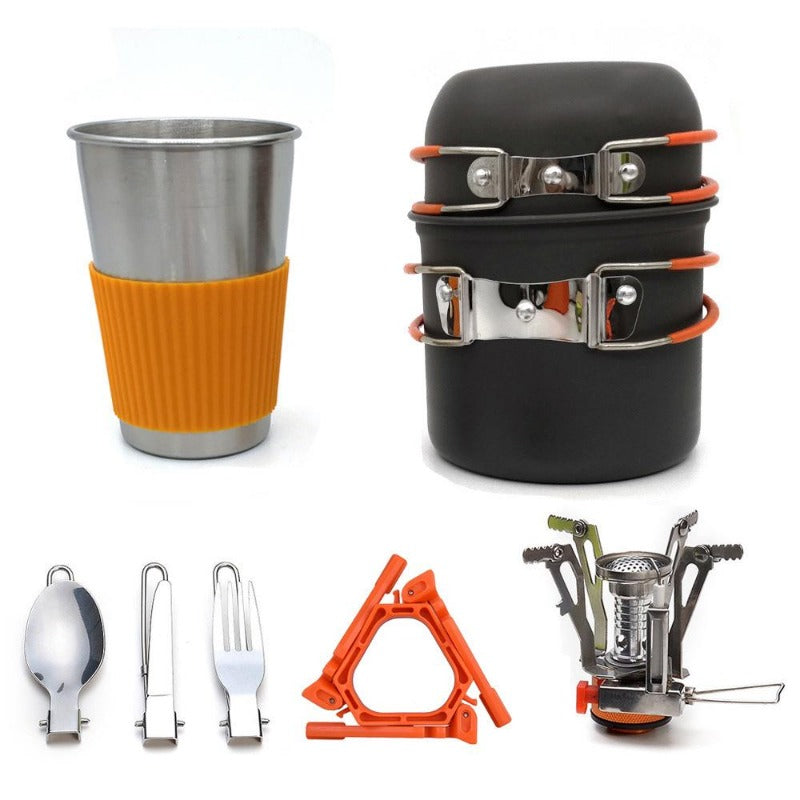 Lightweight camping cookware mess kit with mini stove, stackable pots, and stainless steel cup — view 2